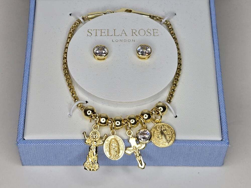 Stella Rose London Fine Gold Plated Religious Charm Bracelet & Stud Earring Set